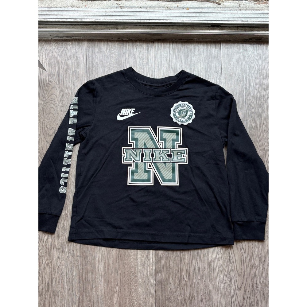 Nike Athletics Kids Long Sleeve Shirt Black Green Varsity Graphic Tee Size 7